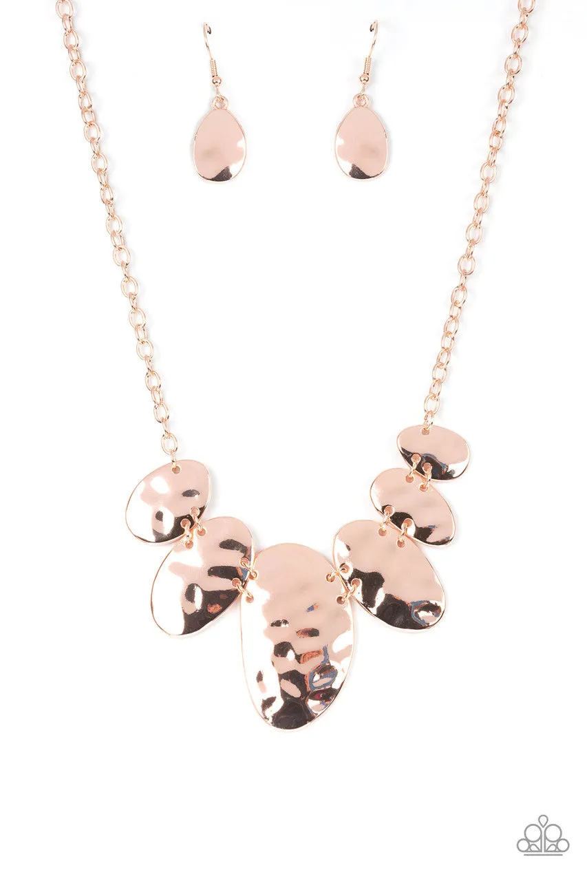 Cave Crawl - Rose Gold - Hammered Asymmetrical Oval Paparazzi Short Necklace
