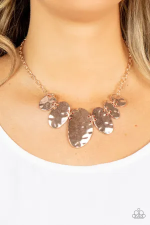 Cave Crawl - Rose Gold - Hammered Asymmetrical Oval Paparazzi Short Necklace