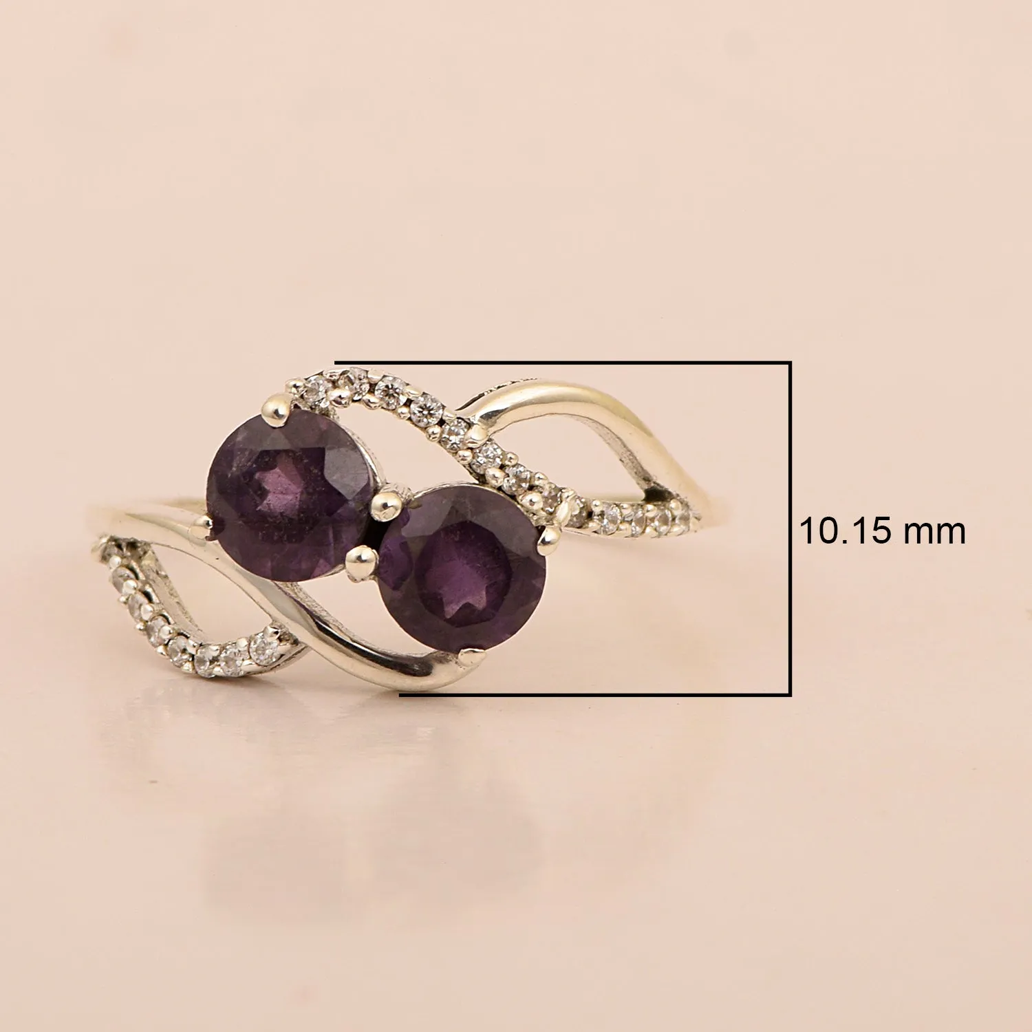Cocktail 925 Sterling Silver Dual Round Stone 5MM Amethyst Love Ring