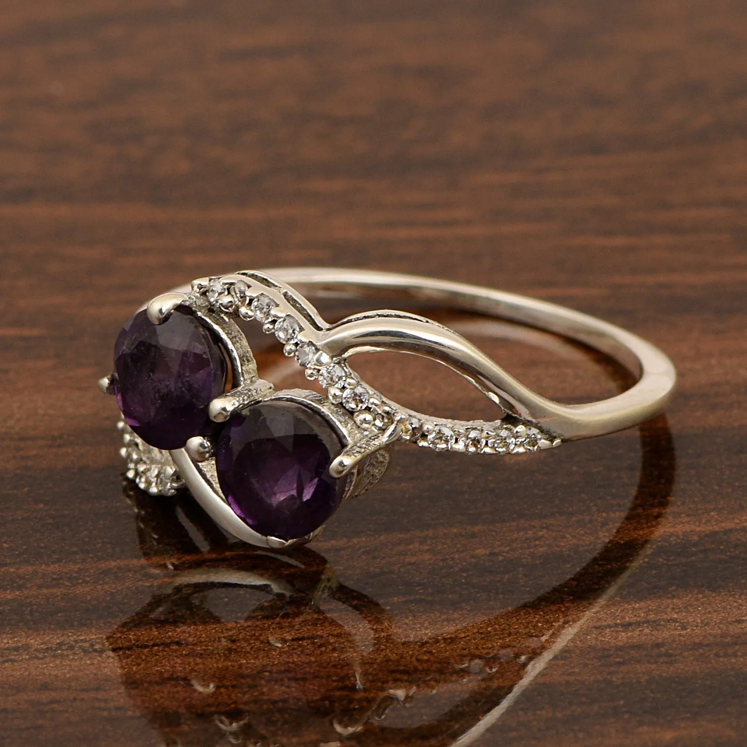 Cocktail 925 Sterling Silver Dual Round Stone 5MM Amethyst Love Ring
