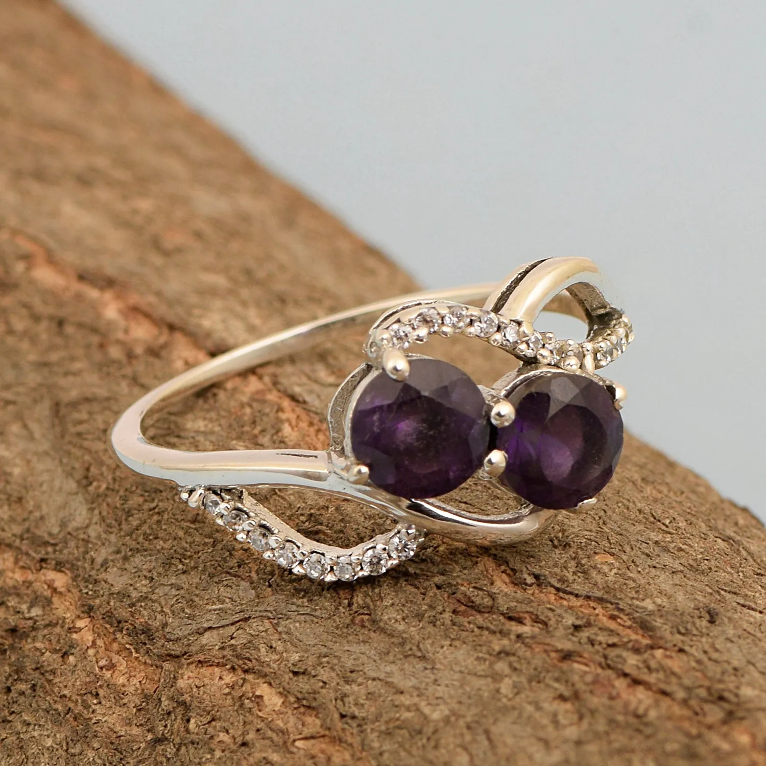 Cocktail 925 Sterling Silver Dual Round Stone 5MM Amethyst Love Ring