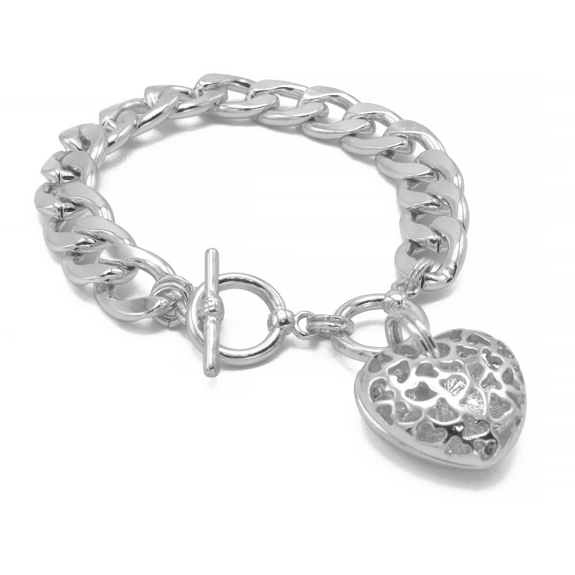 Cream Pearl Rhodium Heart Charm Cuban Chain Bracelet # # HNB90657RDCM(LA9)