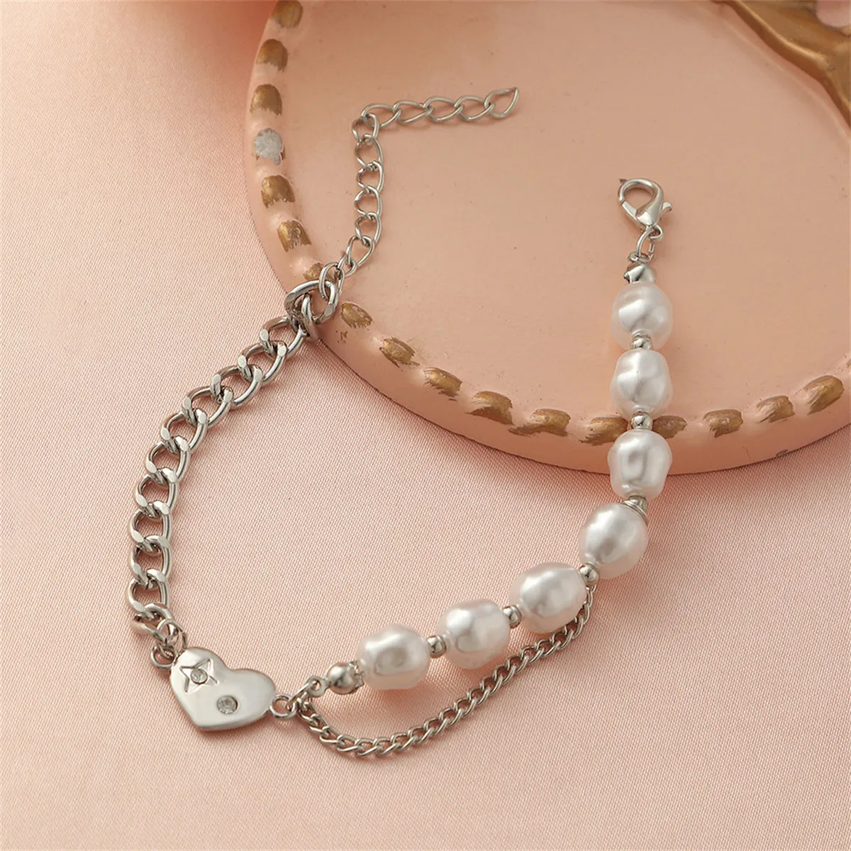 Cubic Zirconia & Pearl Silver-Plated Heart Curb Chain Bracelet
