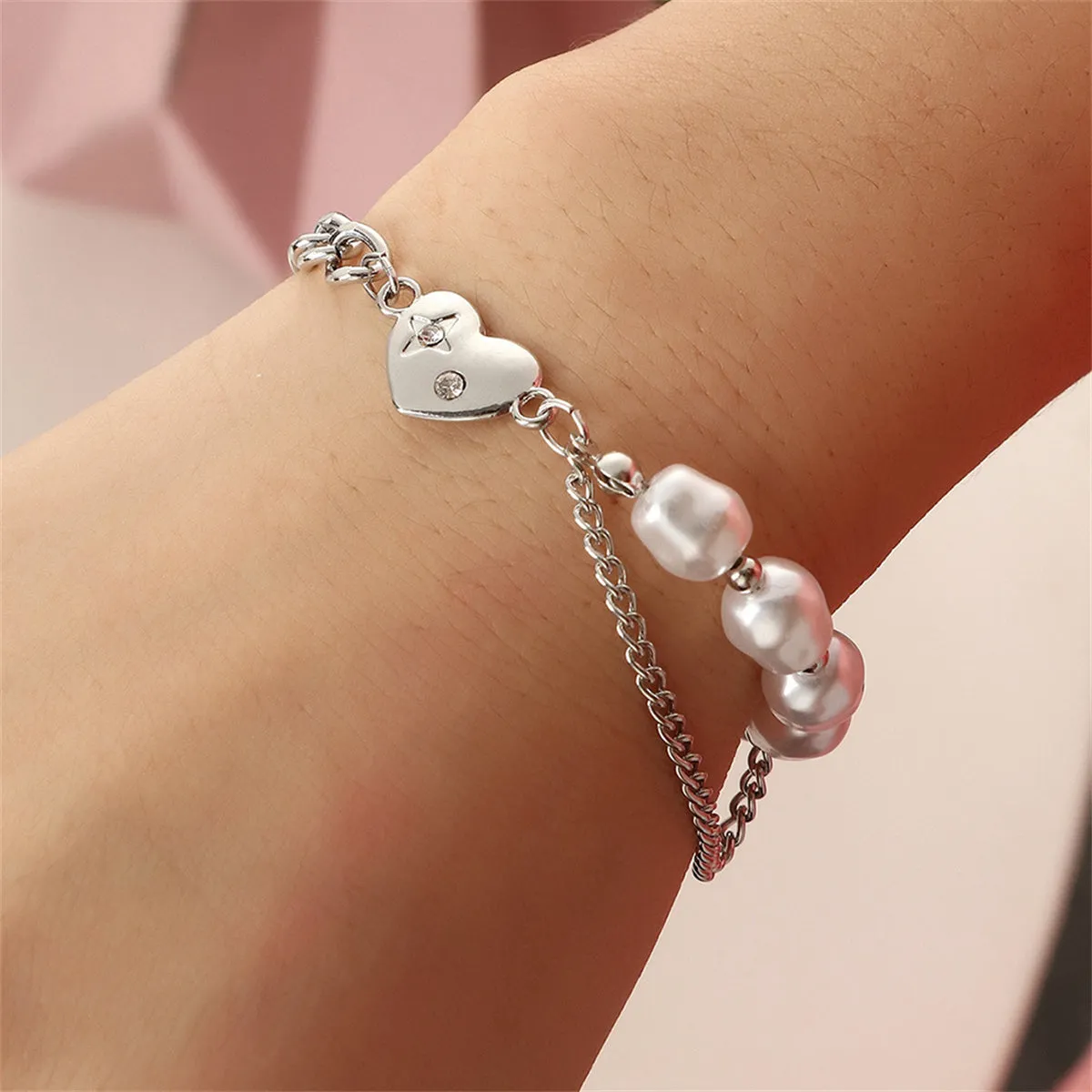 Cubic Zirconia & Pearl Silver-Plated Heart Curb Chain Bracelet