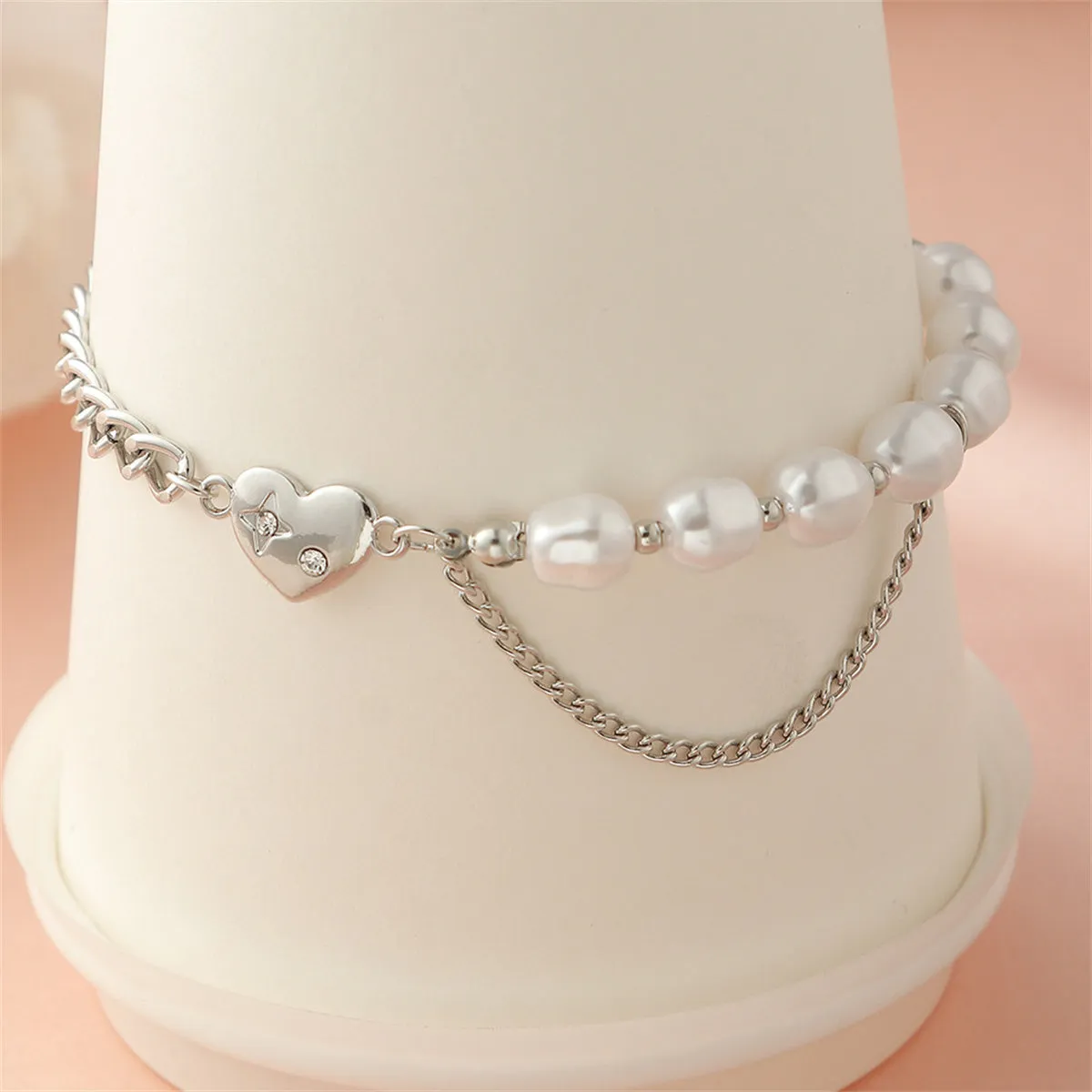 Cubic Zirconia & Pearl Silver-Plated Heart Curb Chain Bracelet