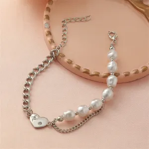 Cubic Zirconia & Pearl Silver-Plated Heart Curb Chain Bracelet