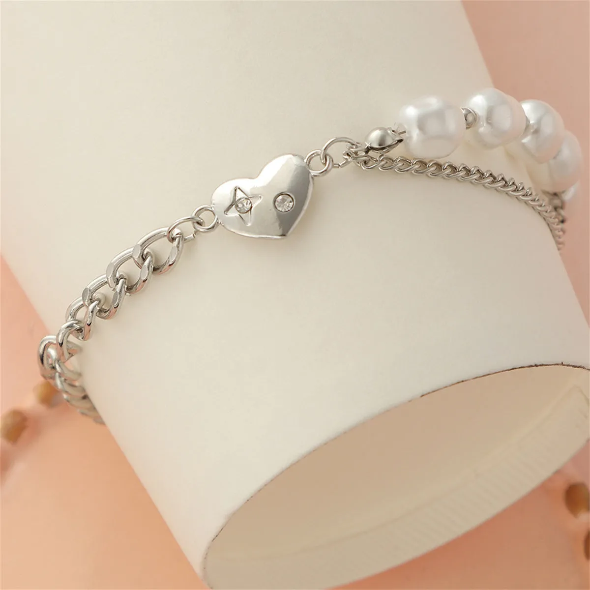 Cubic Zirconia & Pearl Silver-Plated Heart Curb Chain Bracelet