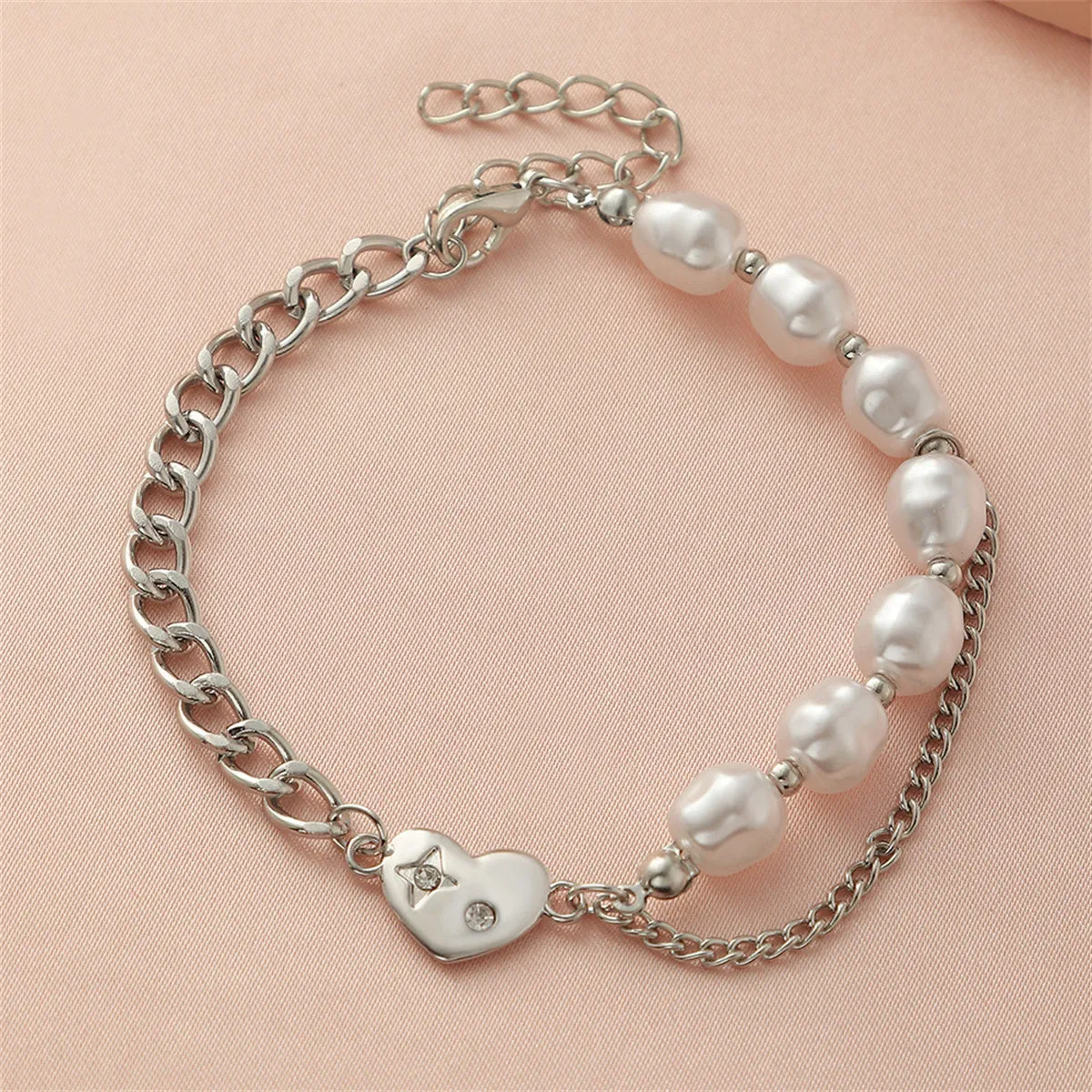 Cubic Zirconia & Pearl Silver-Plated Heart Curb Chain Bracelet