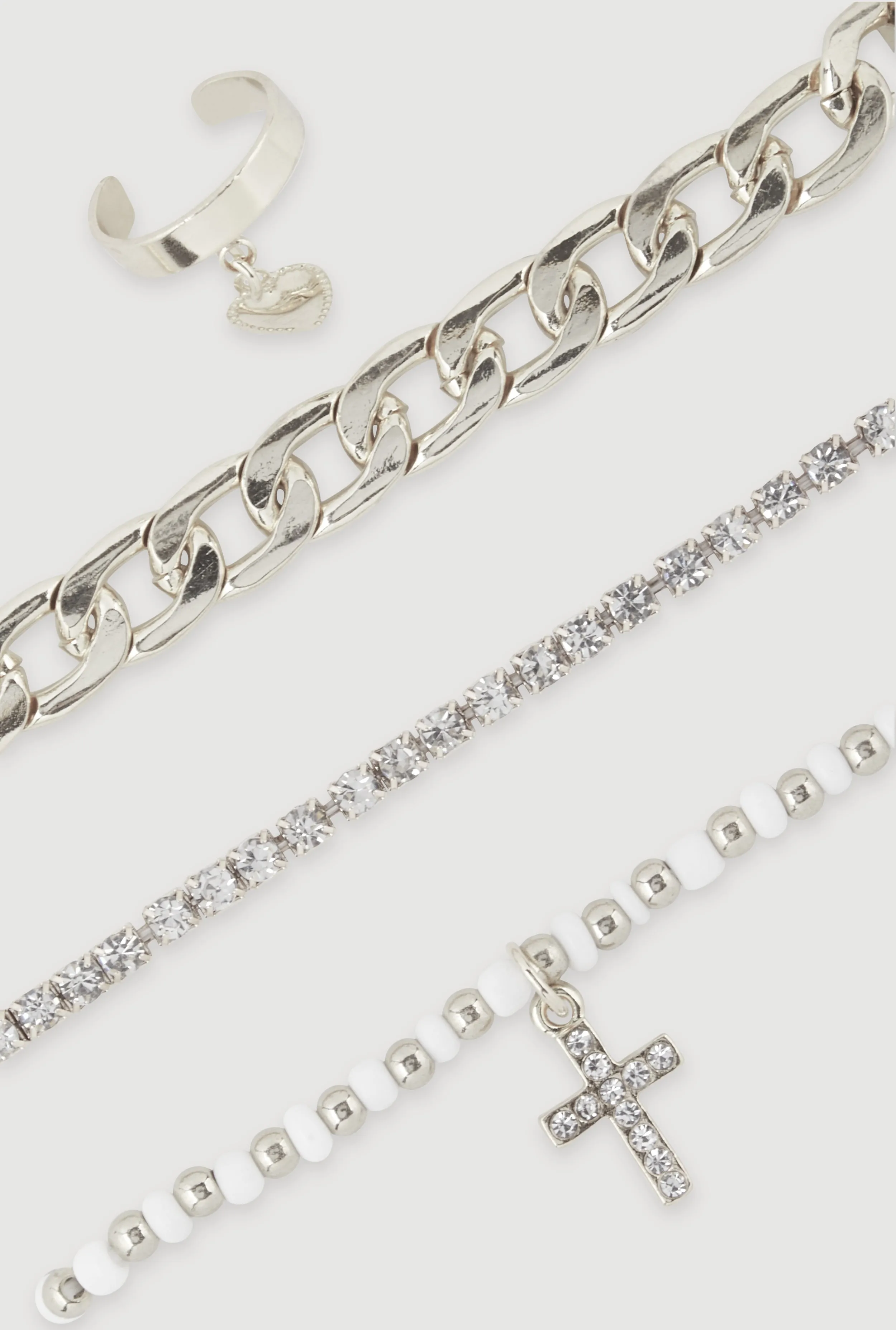 Cubic Zirconia Cross Chain Anklet Trio with Toe Ring