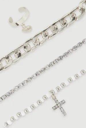 Cubic Zirconia Cross Chain Anklet Trio with Toe Ring
