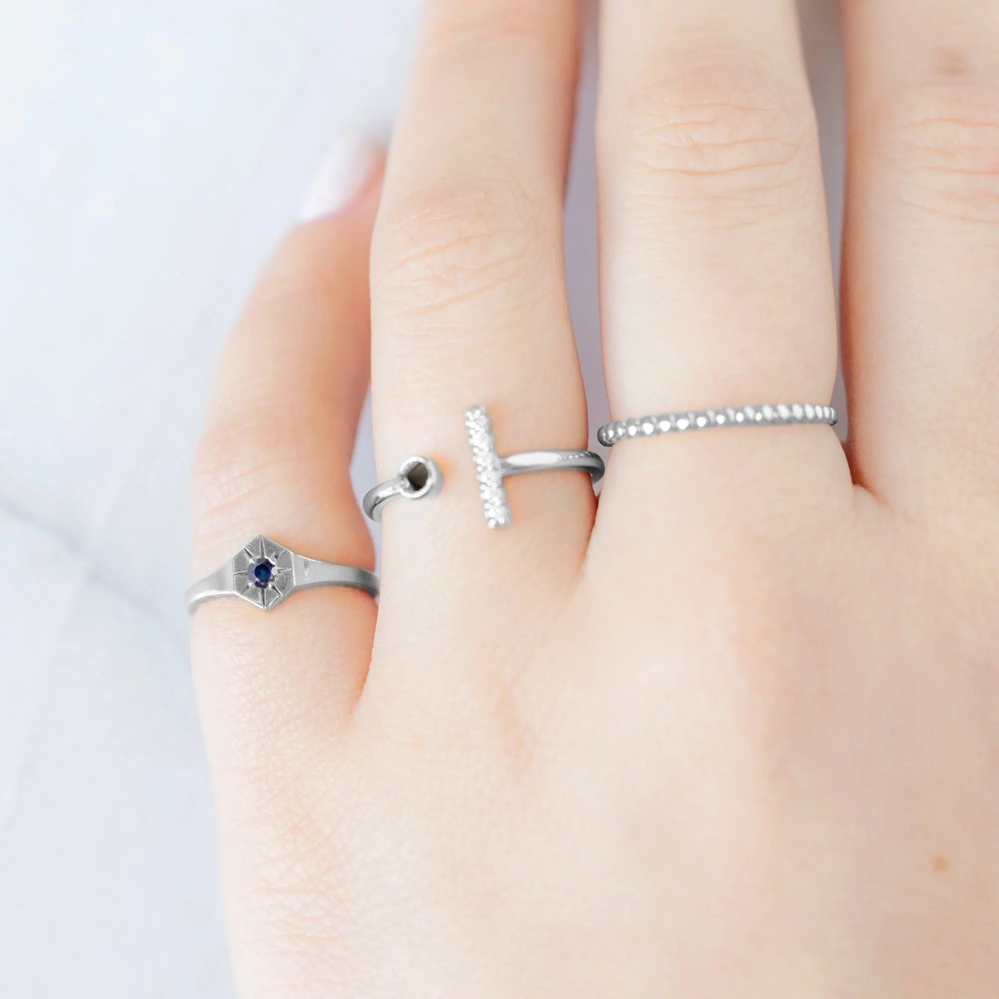 Custom Blue Sapphire Birthstone Signet Ring | 10K White Gold