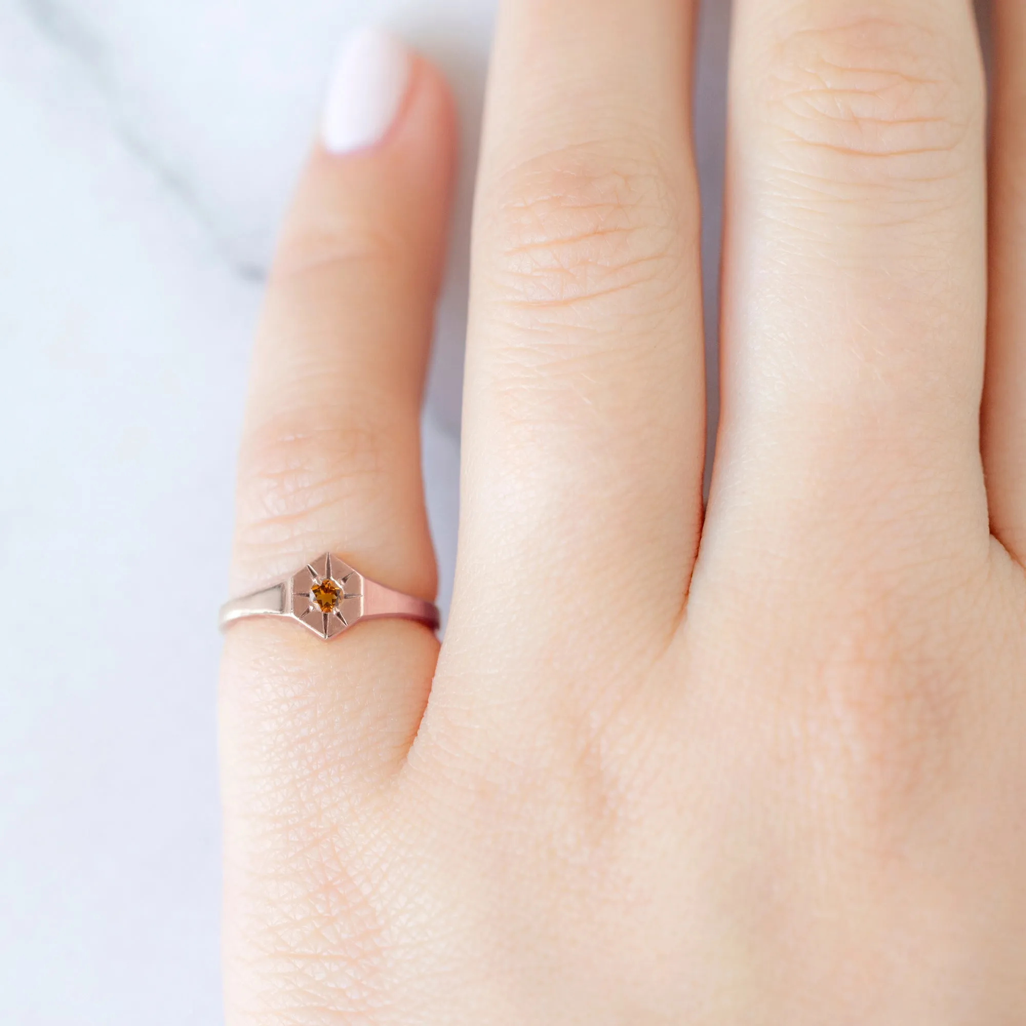 Custom Citrine Birthstone Signet Ring | 10K Rose Gold