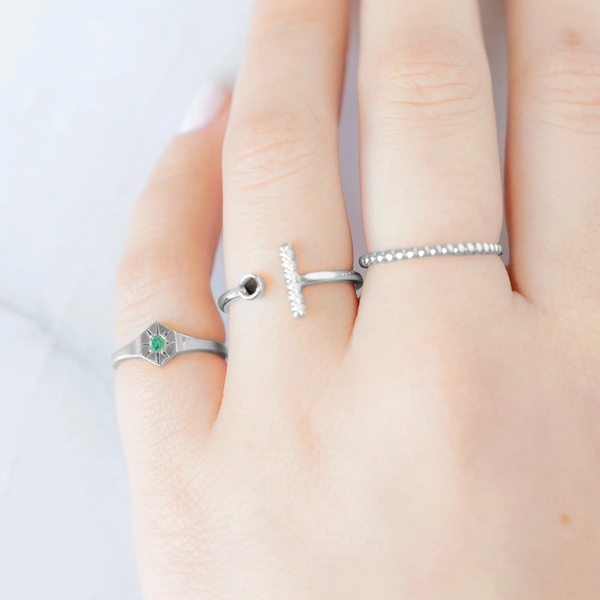 Custom Emerald Birthstone Signet Ring | 10K White Gold