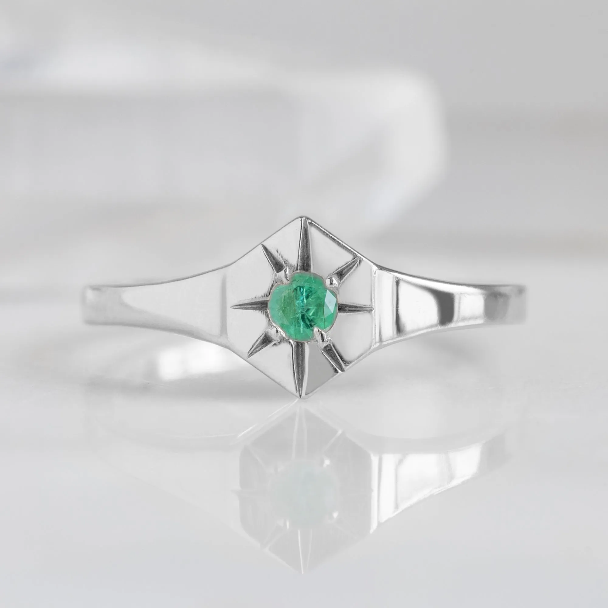 Custom Emerald Birthstone Signet Ring | 10K White Gold