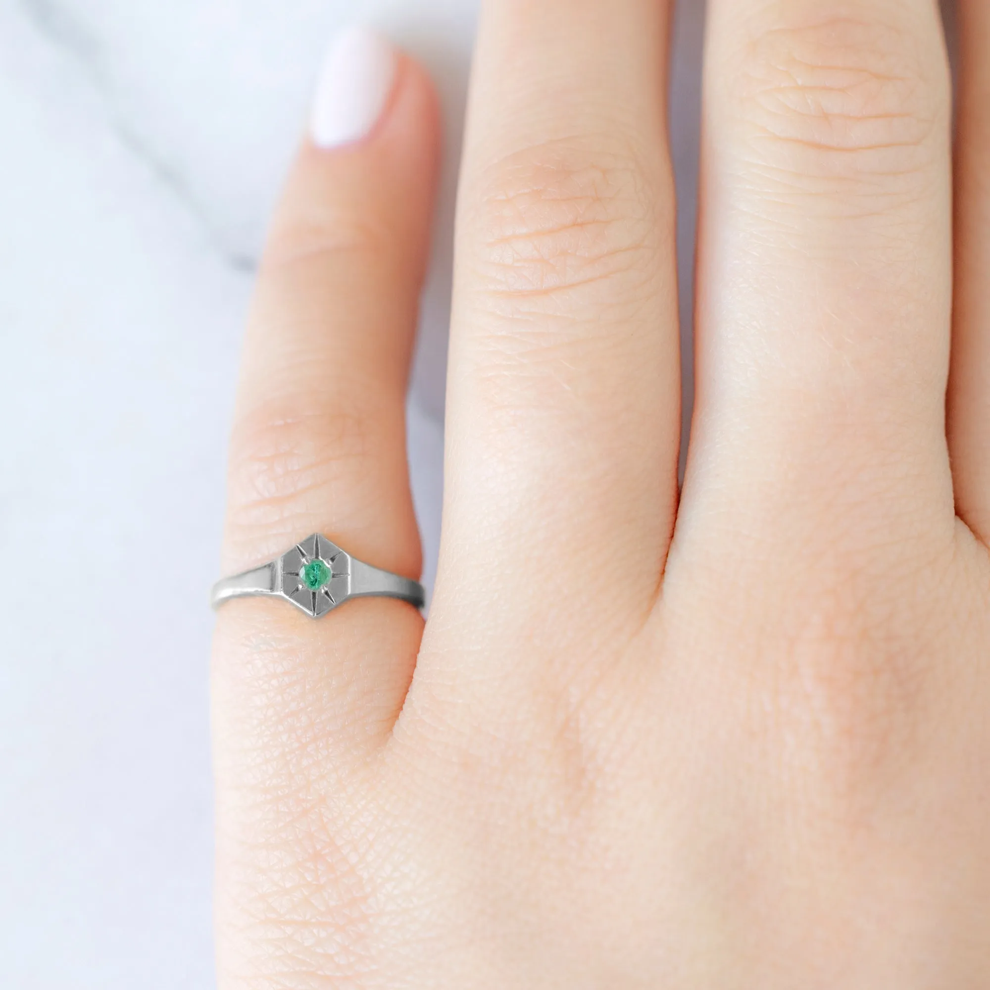 Custom Emerald Birthstone Signet Ring | 10K White Gold