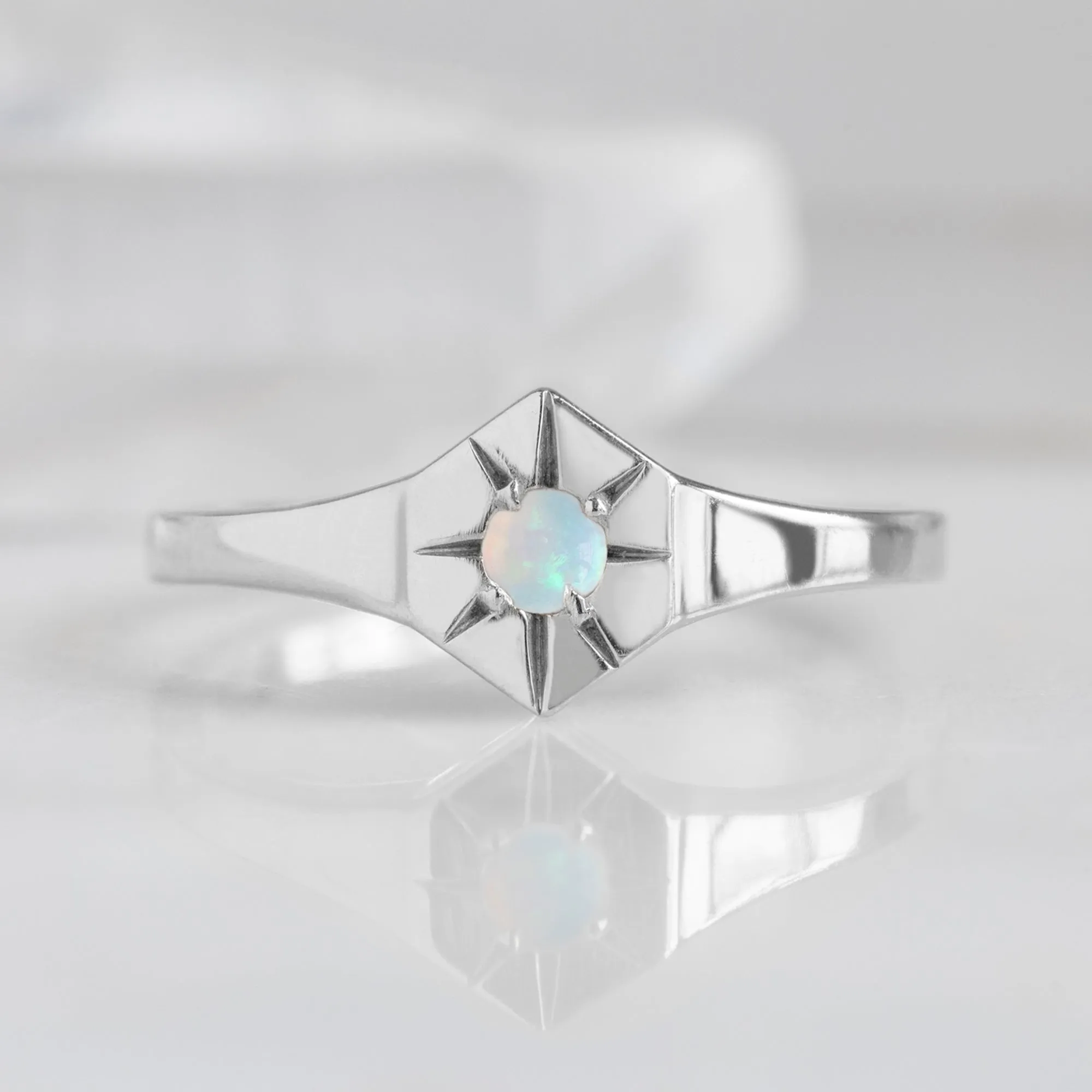 Custom Opal Birthstone Signet Ring | 10K White Gold