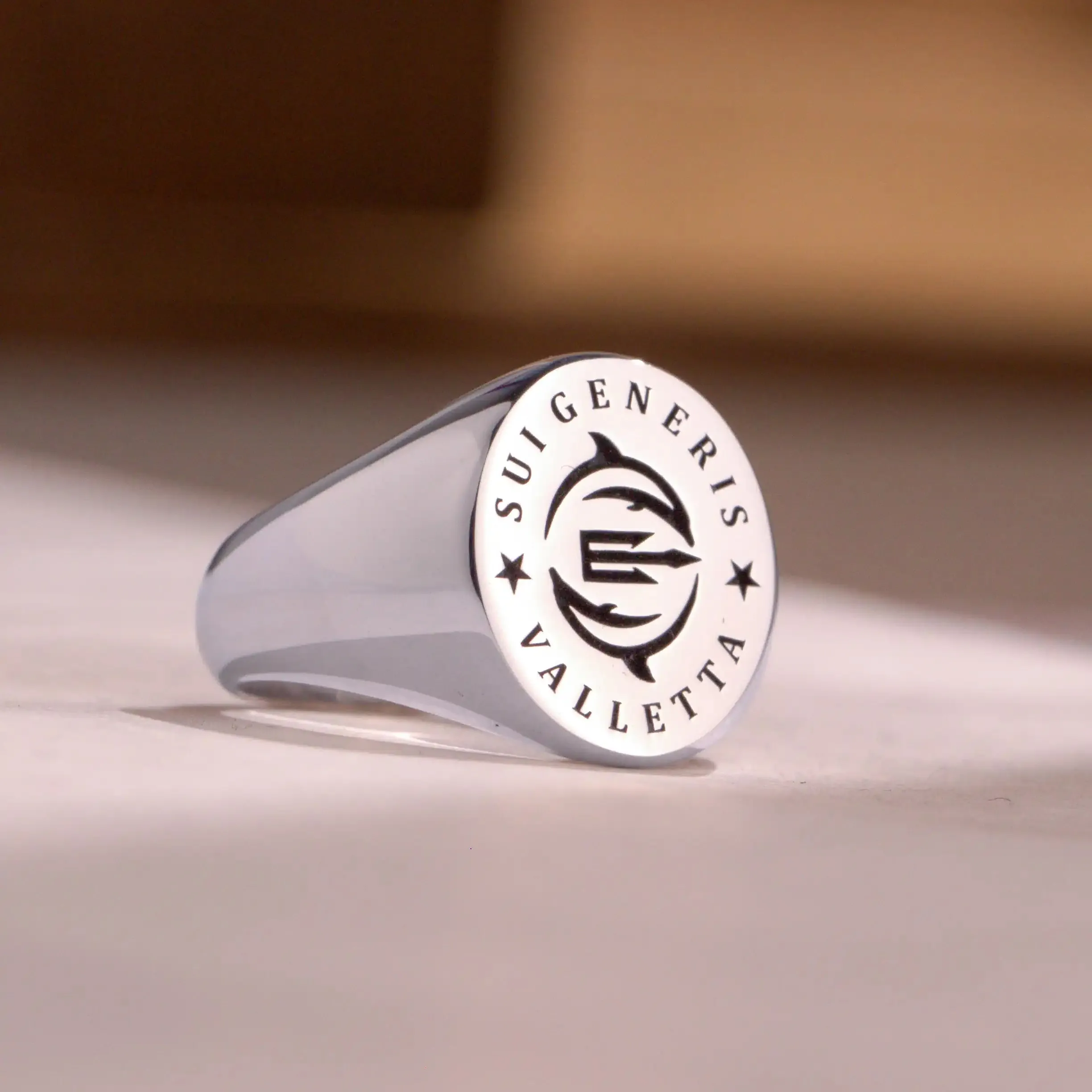 Custom Ring - White Gold Coated - Recessed Design with Black Inlay