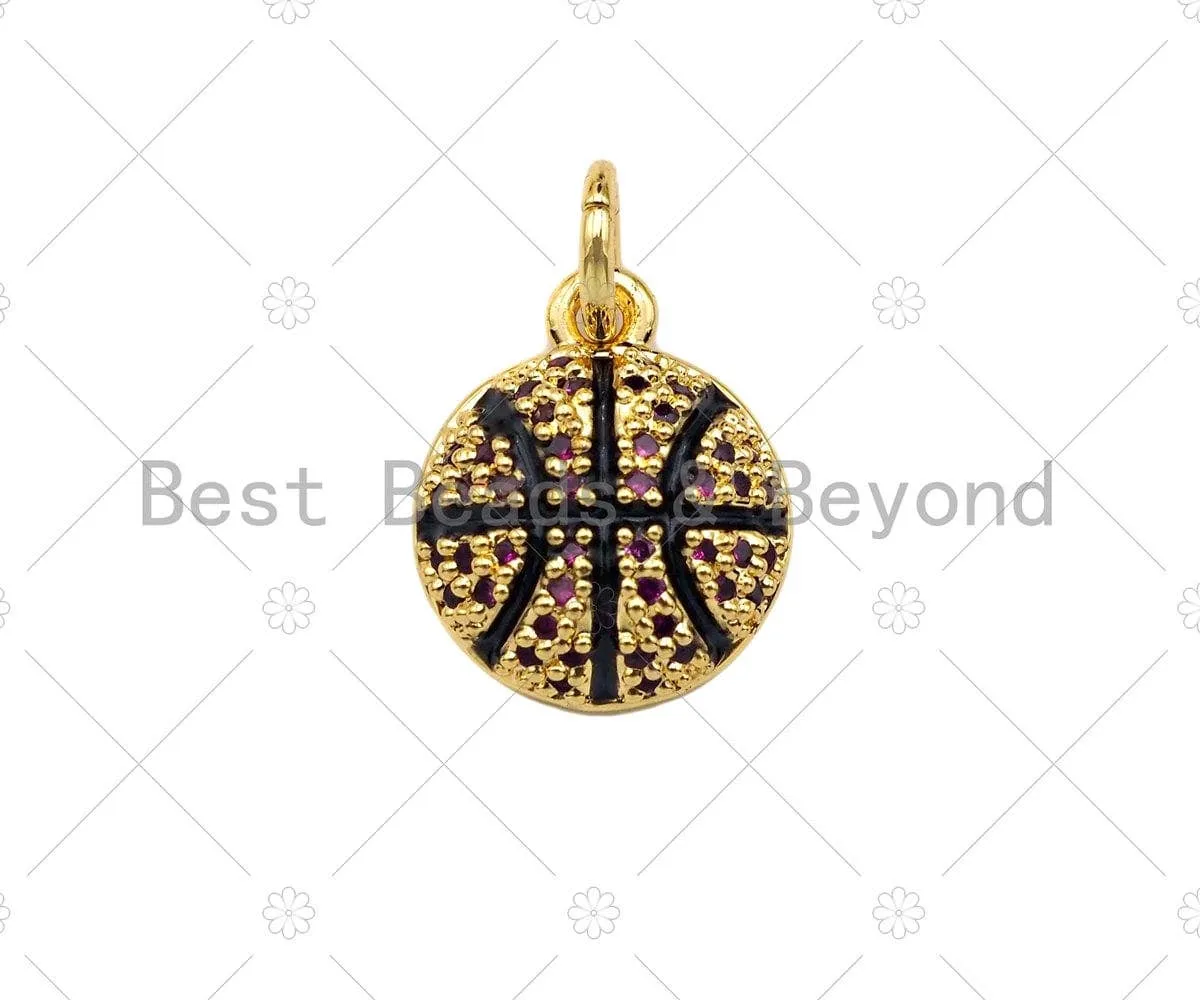 CZ Micro Pave Gold Silver Basketball Charm, Cubic Zirconia Pendant, Sport ball Charm, CZ Micro Pave Pendant,11x13mm, Sku#F1348