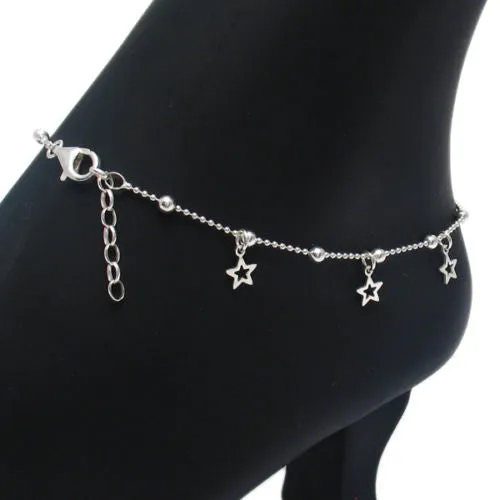 Dangling Sterling Silver Adjustable Star Charms Beaded Anklet