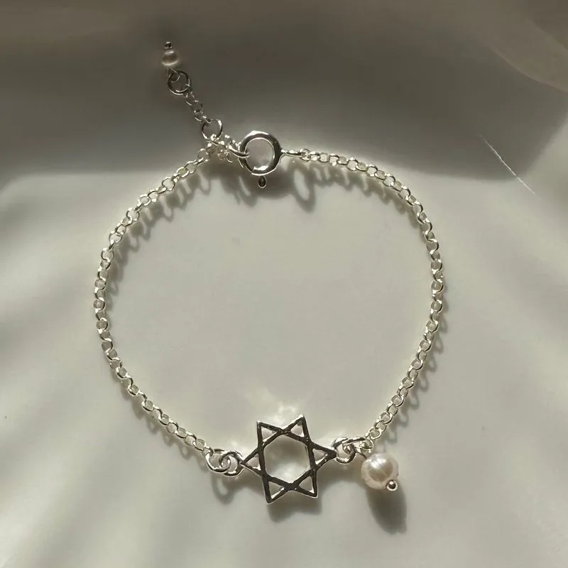 David Star Pearls Beads Silver Bracelets