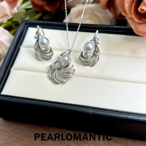 [Designer's Choice] Akoya Silver Blue Color 7.5-8mm Feather Design Jewelry Sets Pendants   Earrings