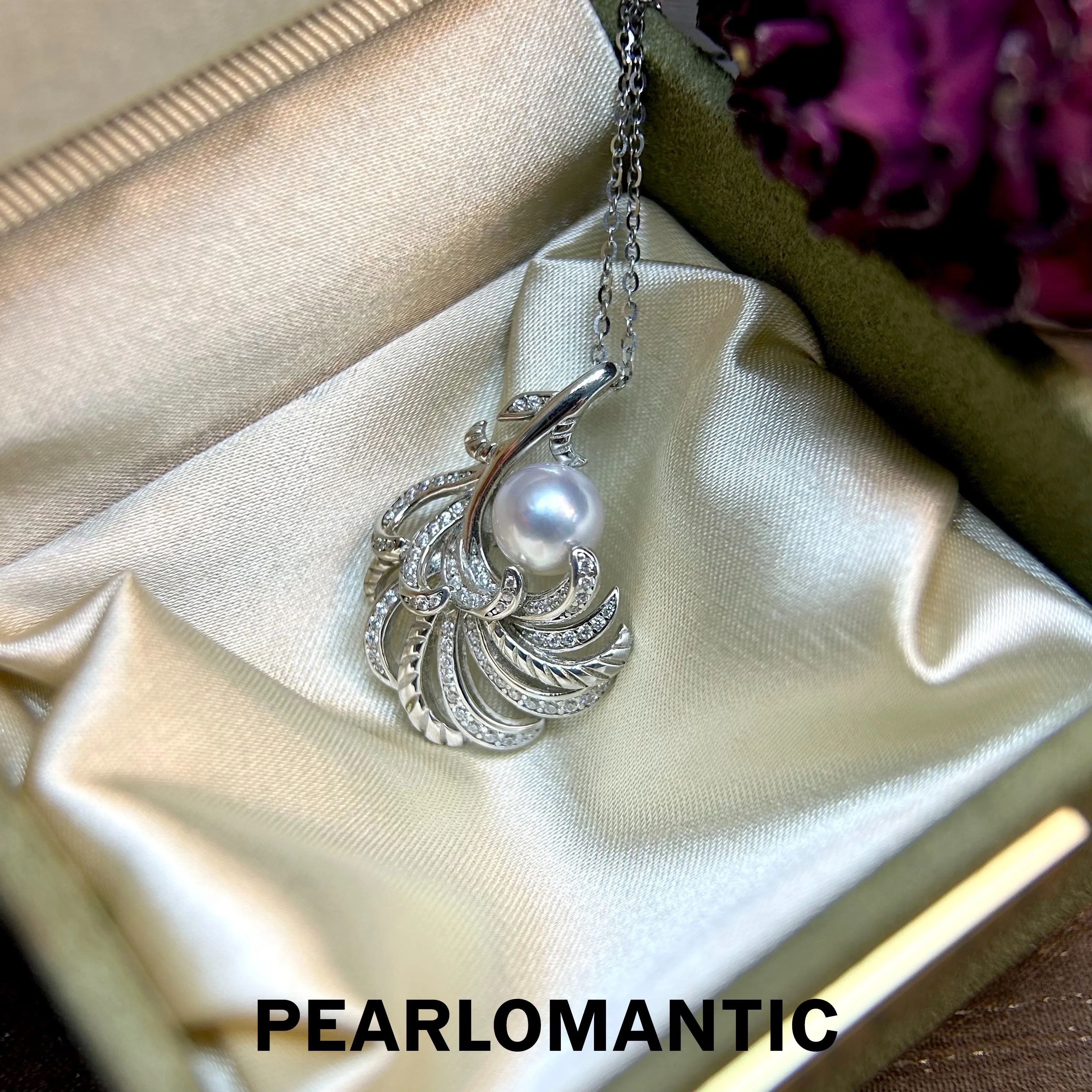 [Designer's Choice] Akoya Silver Blue Color 7.5-8mm Feather Design Jewelry Sets Pendants   Earrings
