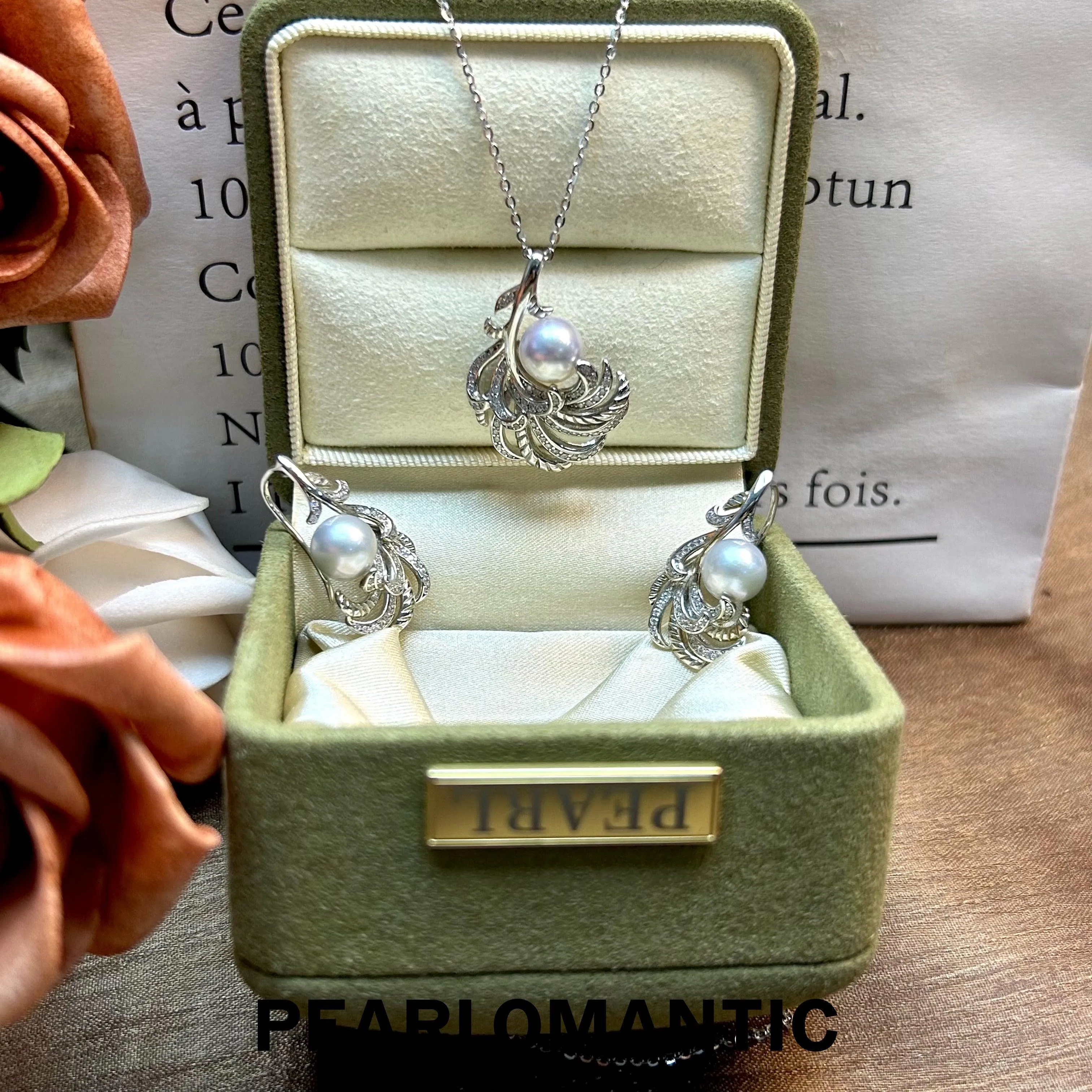 [Designer's Choice] Akoya Silver Blue Color 7.5-8mm Feather Design Jewelry Sets Pendants   Earrings