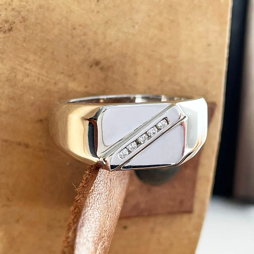 Diagonally Raised Five Diamond White Gold Mens Ring