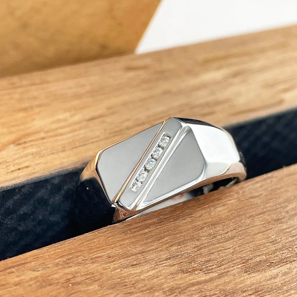 Diagonally Raised Five Diamond White Gold Mens Ring