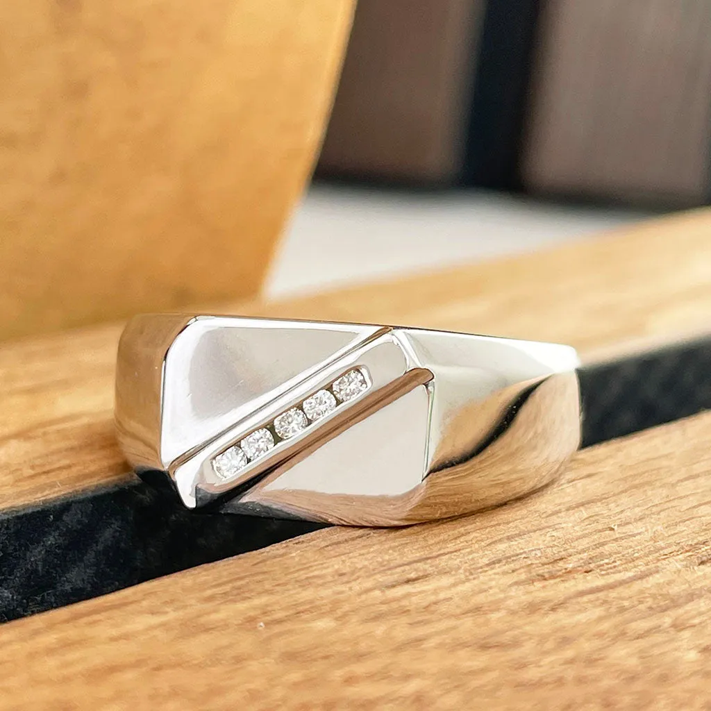 Diagonally Raised Five Diamond White Gold Mens Ring