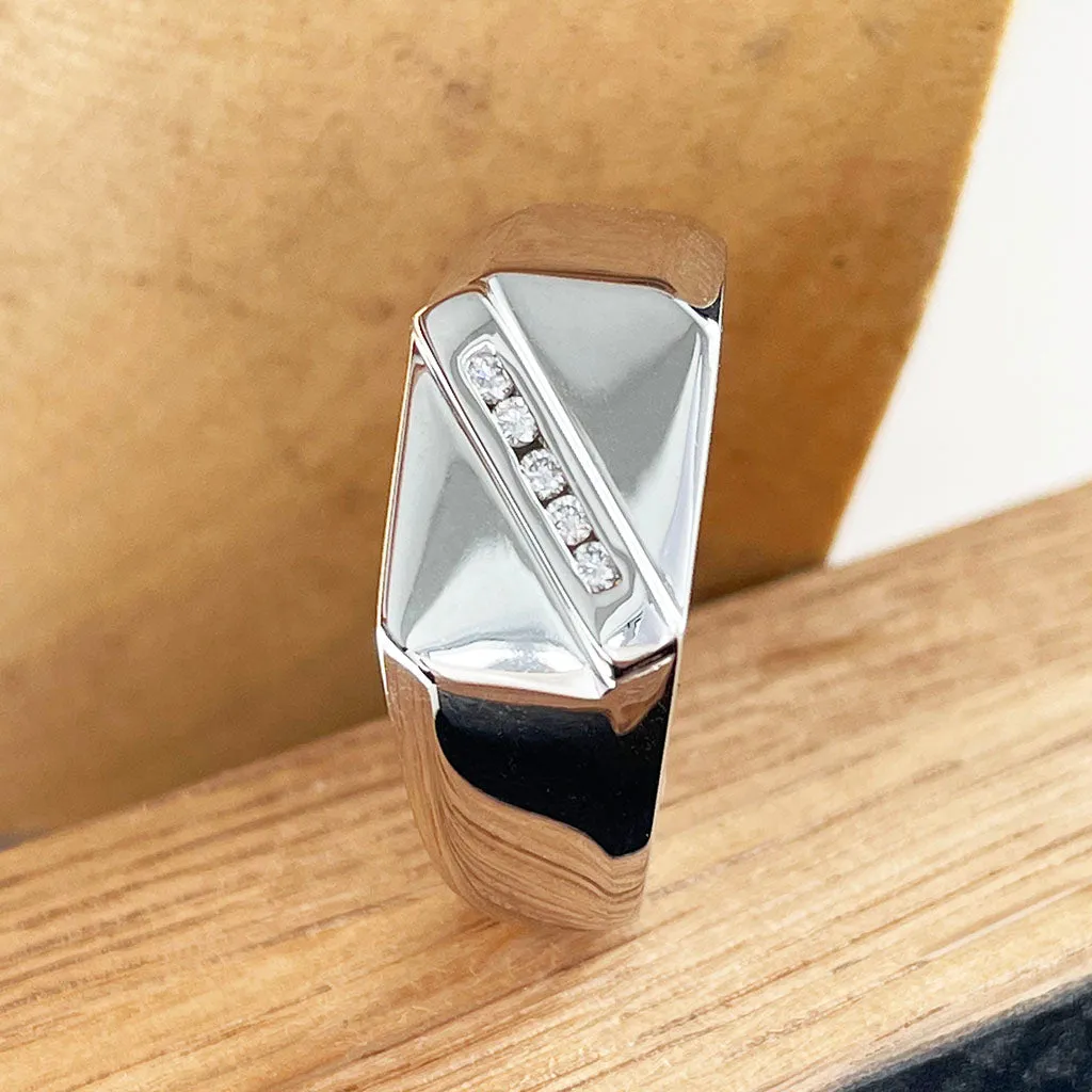 Diagonally Raised Five Diamond White Gold Mens Ring