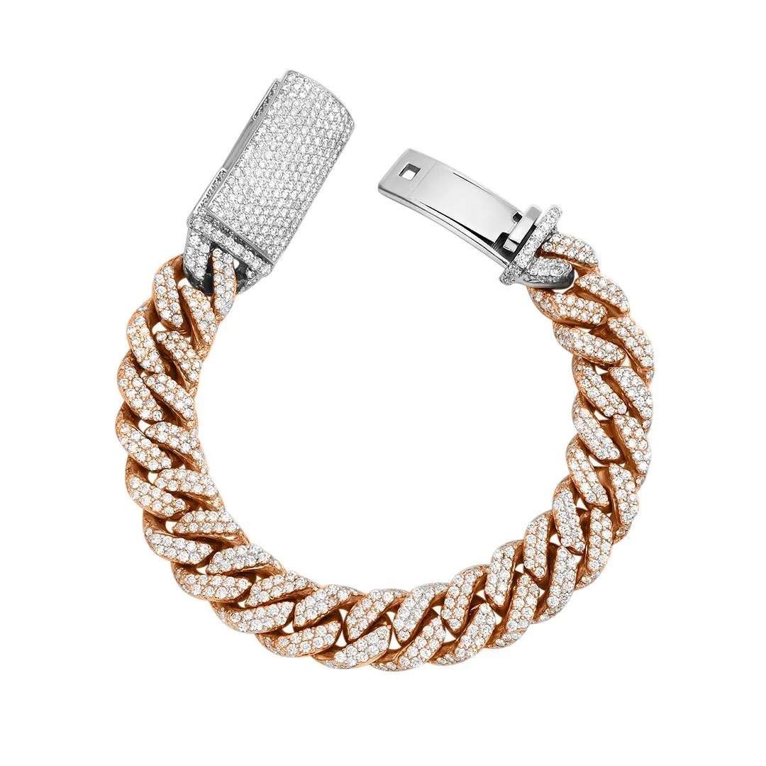 Diamond Encrusted Flowerset Cuban Bracelet in 14k Two Tone Gold 16.47 Ctw