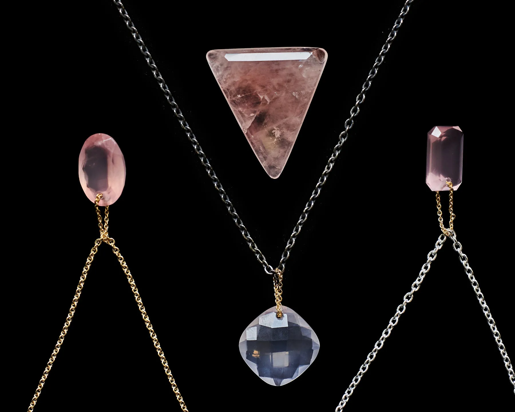 Diamond Square Cut Rose Quartz Love Energy Long Chain Necklace