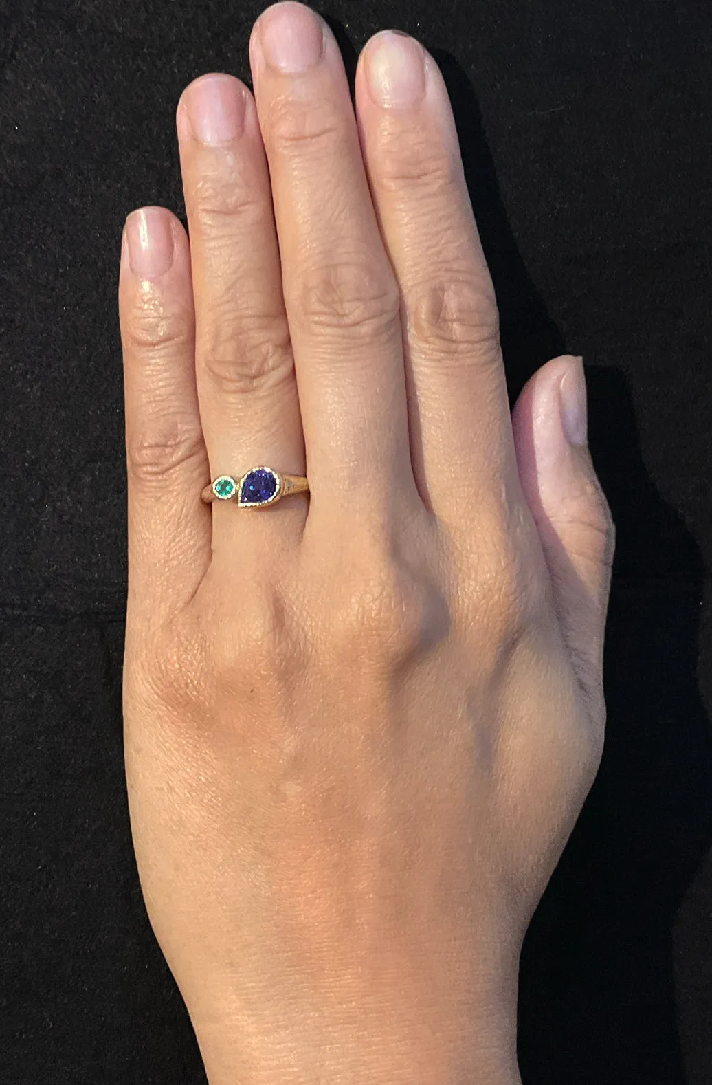 Duo Signet Ring with color shift sapphire  and round emerald