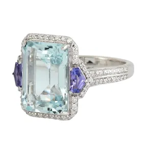 Emerald Cut Aquamarine Tanzanite Diamond Big Ring in 18k White Gold