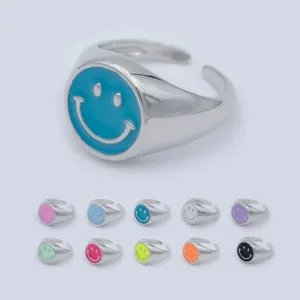 Enamel Happy Face Ring, Silver Smiley Face Signet Ring Y2K Jewelry Inspired O-892~O-901