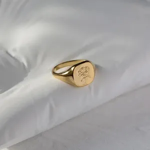 Engraved Peony Flower Signet Ring
