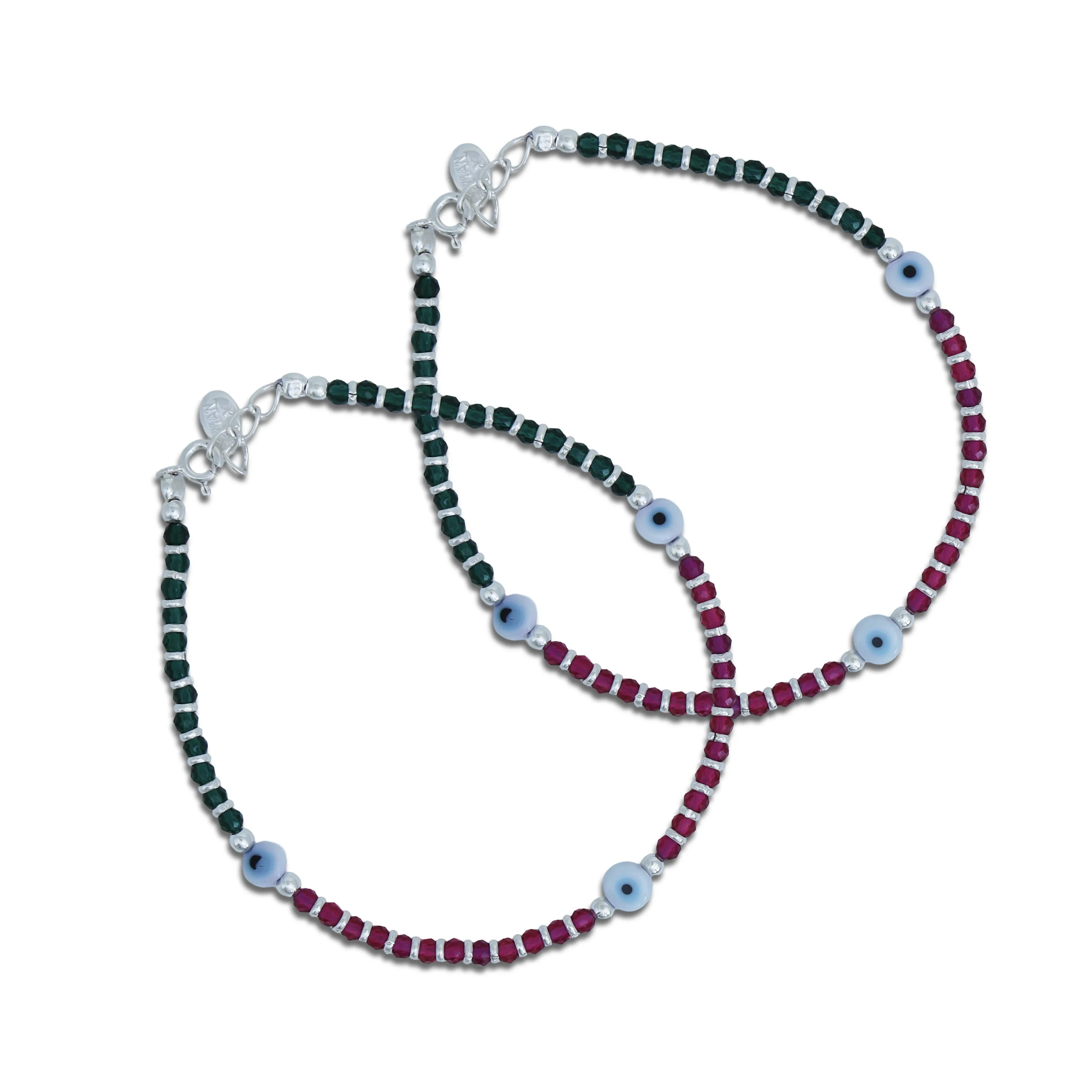 Evil Eye Green and Pink Beaded Silver Anklets