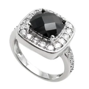 Exquisite Square Cut Black Obsidian Colored CZ Classic Cocktail Ring in Sterling Silver.