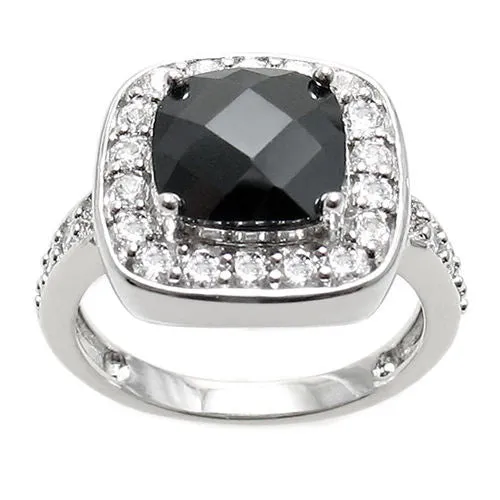 Exquisite Square Cut Black Obsidian Colored CZ Classic Cocktail Ring in Sterling Silver.