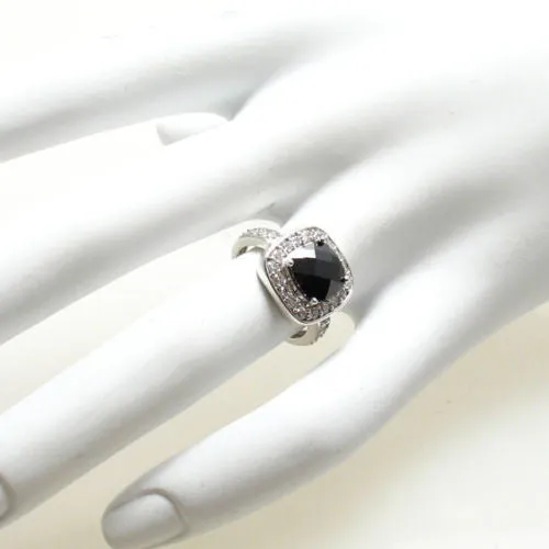 Exquisite Square Cut Black Obsidian Colored CZ Classic Cocktail Ring in Sterling Silver.