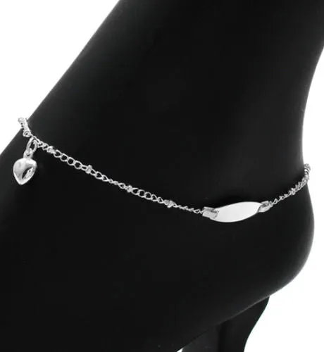 Exquisite Sterling Silver Engravable Plate with Heart 9" Anklet