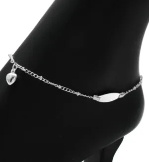 Exquisite Sterling Silver Engravable Plate with Heart 9" Anklet
