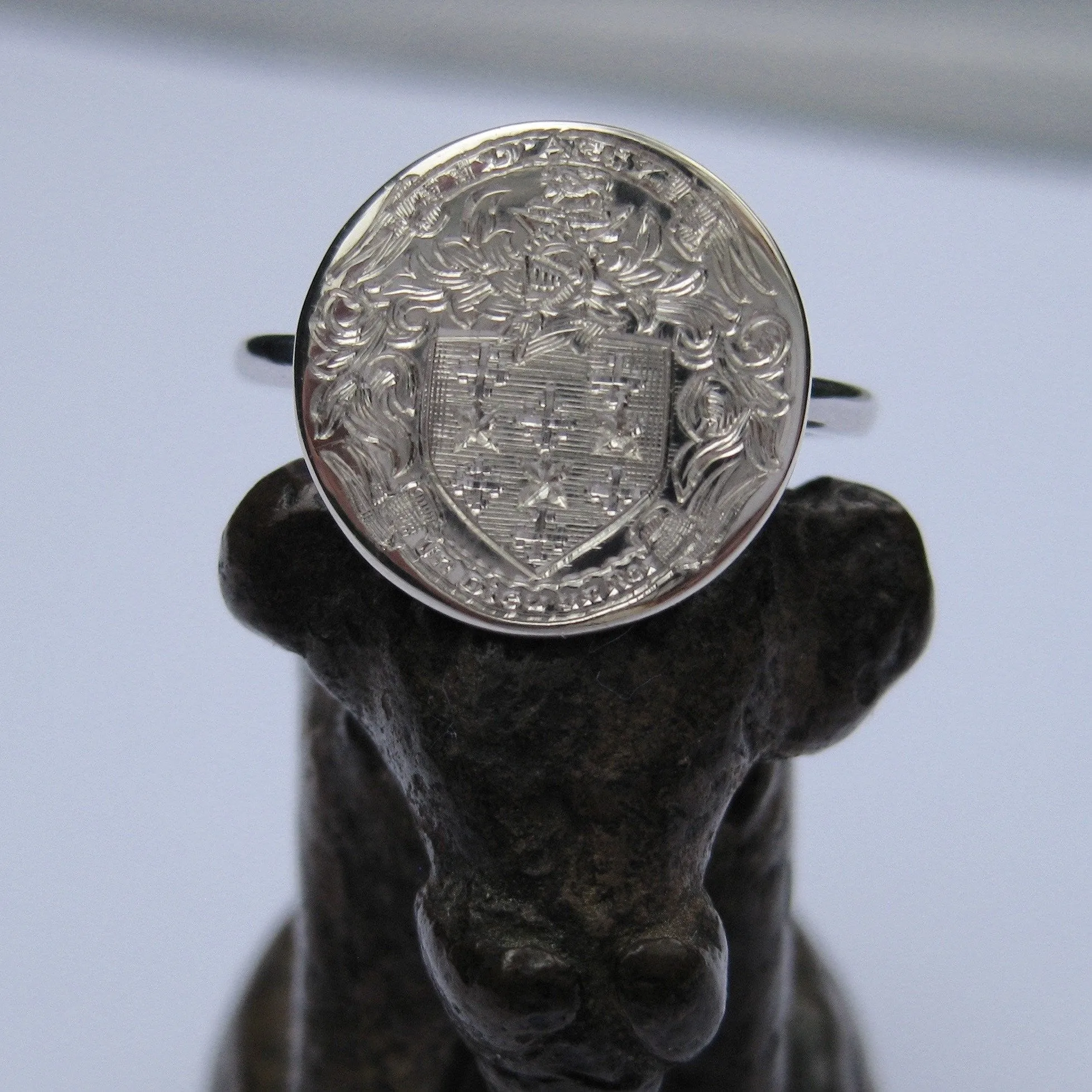 Family Coat of Arms Hand Engraved Round 15mm  -  Sterling Silver Signet Ring