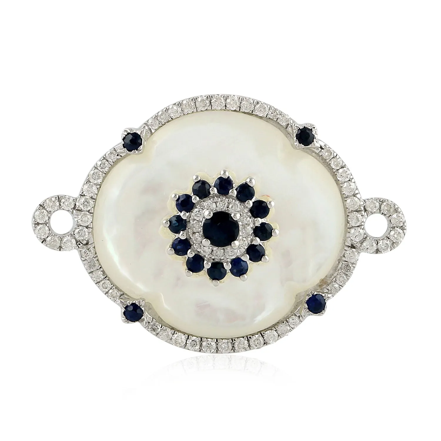 Fancy Cut MOP Round Blue Sapphire Pave Diamond Clover Cocktail Ring In 18K White Gold