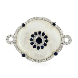 Fancy Cut MOP Round Blue Sapphire Pave Diamond Clover Cocktail Ring In 18K White Gold