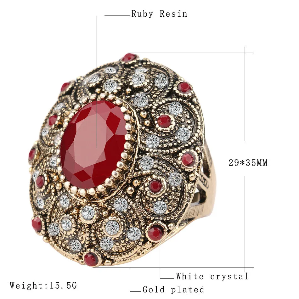 Fashion Vintage Jewelry Rings Unique plated Ancient Gold Mosaic AAA Crystal Big Oval Ruby Ring For Women