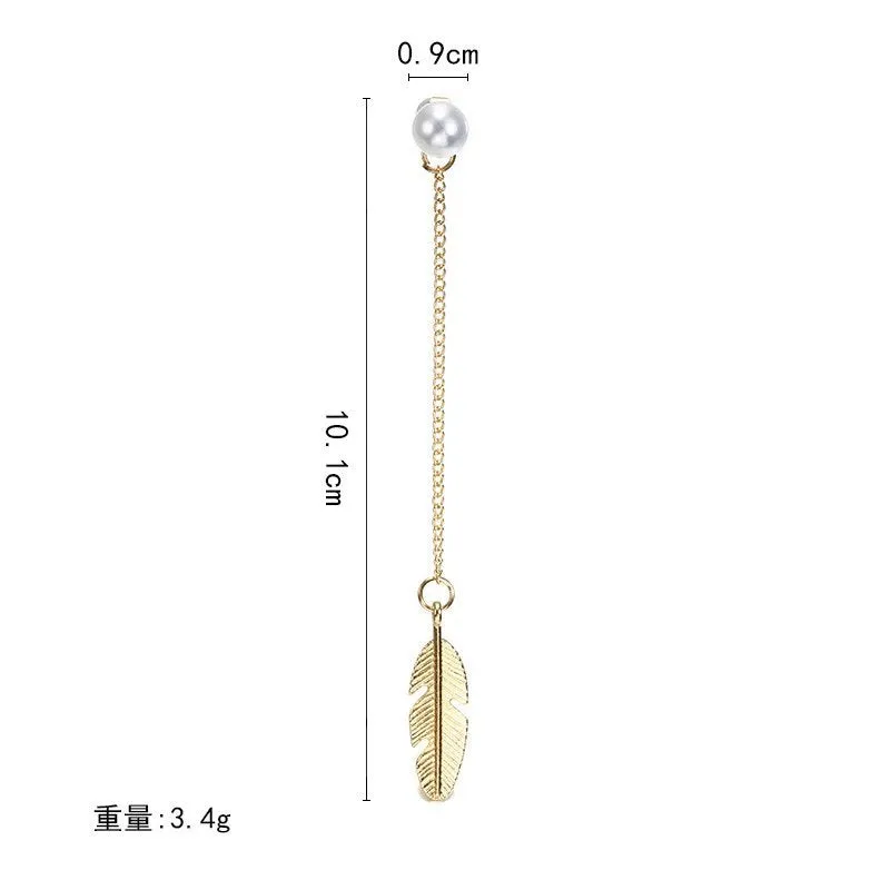 Feather leaf pearl gold plated personalised long drop earrings