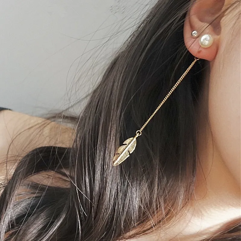 Feather leaf pearl gold plated personalised long drop earrings