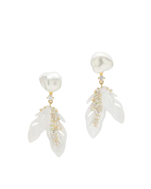 Feather Mother of Pearl and Keshi Stud Earrings | 8mm Keshi Pearls, Mother Of Pearl, Diamonds and Yellow Gold